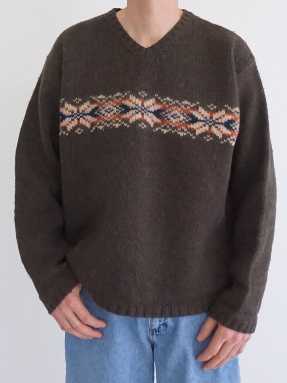 Vintage American Eagle Brown Fair Isle Snowflake Shetland Wool V Neck Sweater XL
